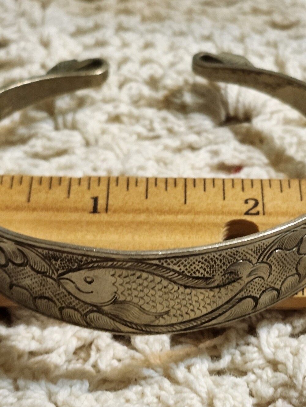 Vintage Silver Fish-Engraved Cuff Bracelet - Silver